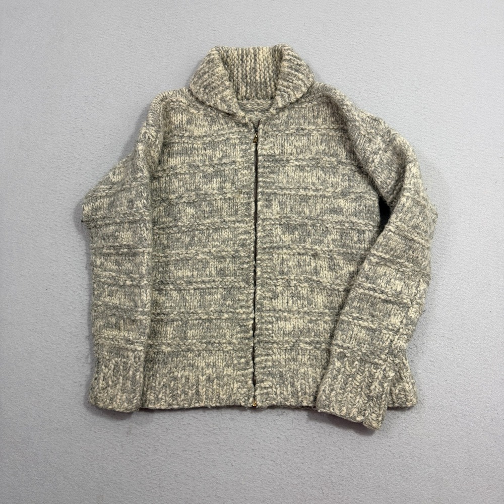 Vintage Hand Knit Cardigan Sweater Womens M/L Chunky Shawl Collar Full Zip Wool